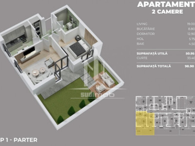 Drumul Fermei Mega Image apartament 2 camere si curte 34 mp.