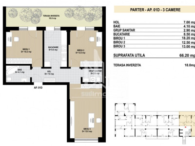 Apartament 3 camere decomandat 2 bai si terasa 18 mp Grand Arena Dealul Cucului.