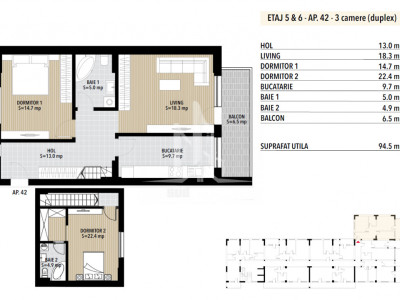 Duplex 3 camere etaj 5 & 6 Grand Arena Dealul Cucului.
