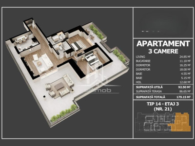Parc Laurentiu Raiciu apartament 3 camere 2 bai si terasa 87 mp.