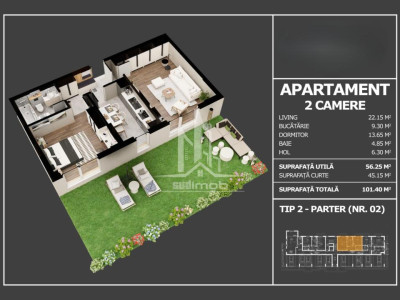 Parc Laurentiu Raiciu apartament 2 camere decomandat si curte 45 mp.